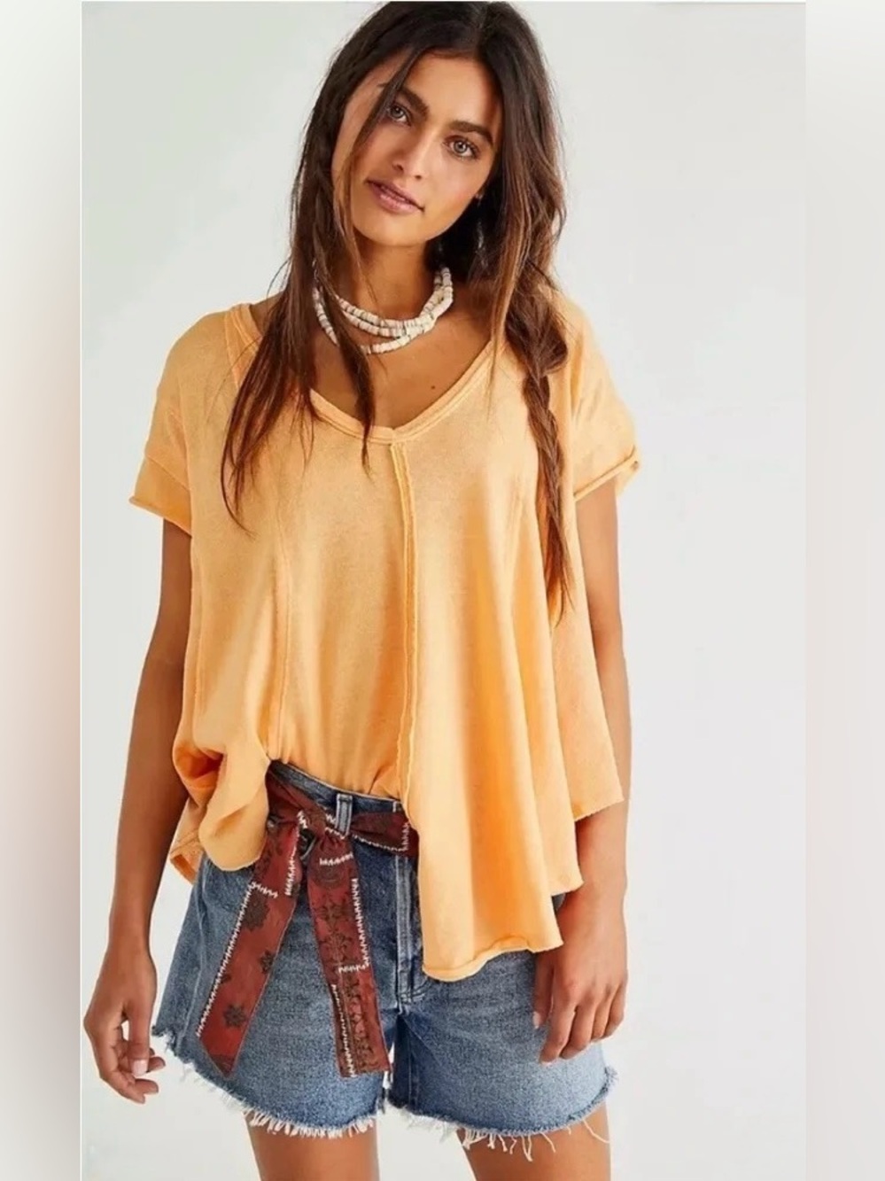 Free People We the Free Sammie Slub Knit Slouchy Tee Loose Top Cantaloupe XS